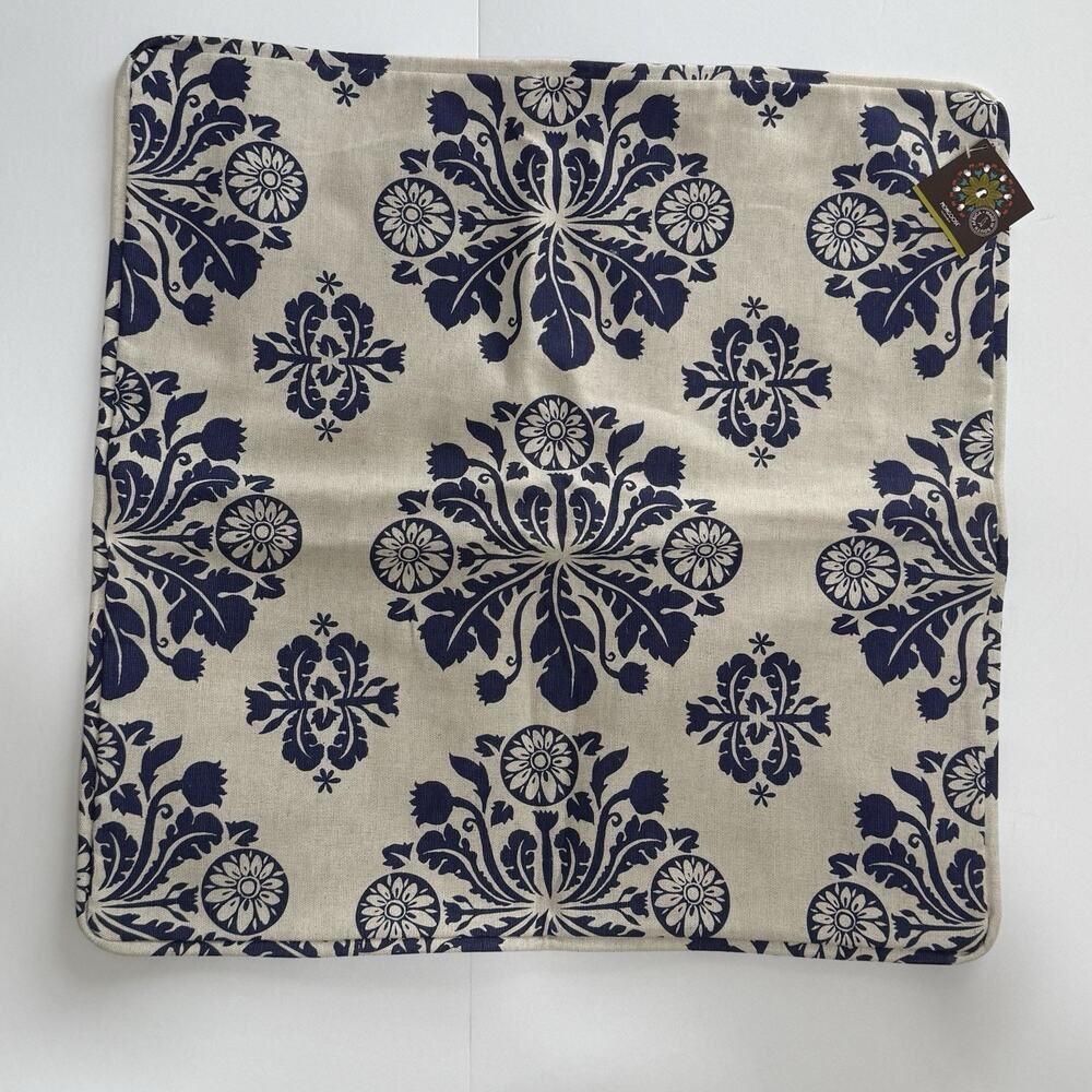 Mongoose Handcrafted 2 Blue Tile Print Cotton Pillow Covers 20”X20” Zip NWT